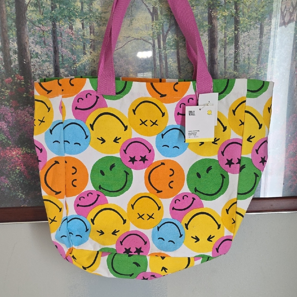 Smiley World Cotton Canvas Smile Print Reuseable Tote Bag in Multicolor, NWT